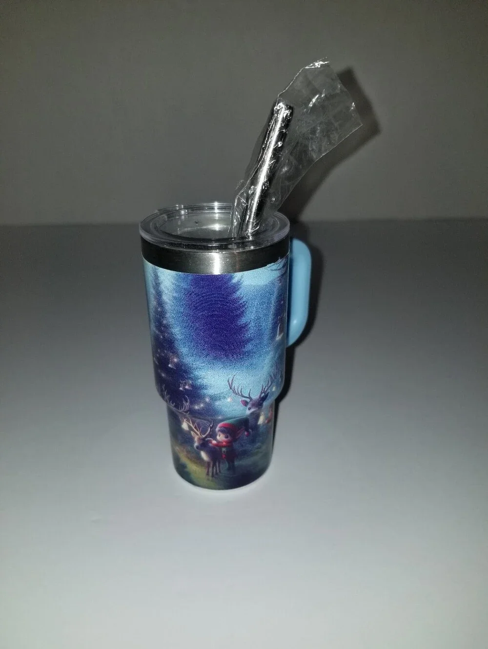 Blue Holiday Reindeer Stainless Travel Tumbler with Handle 3.5